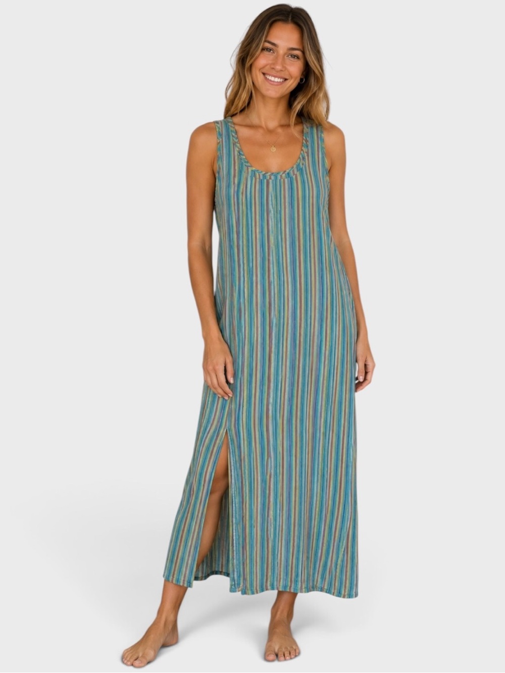 828 Flax Linen Blue Striped Sundress with Side Slit